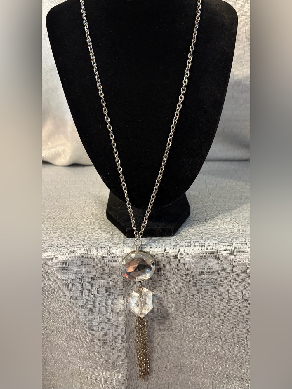 Crystal Pendant Tassel Necklace - Silver